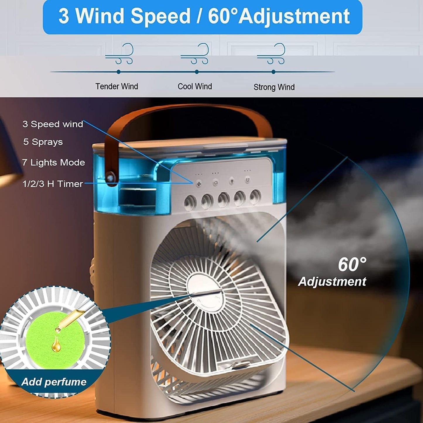 Portable Humidifier Air Cooler Mist Fan Mini Table Fan for Everywhere SAMPHER